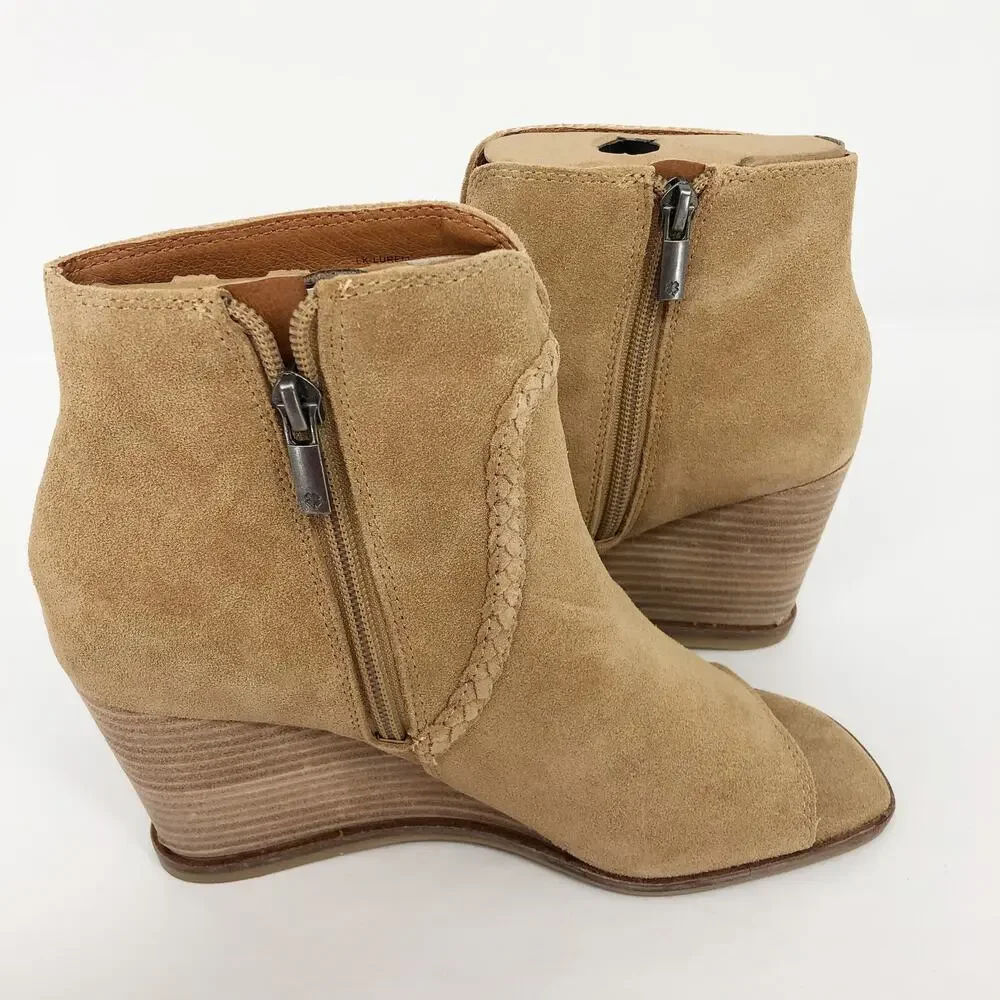 Lucky Brand Womens Lureli Wedge Booties Size 7.5 Tan Peep Toe Suede NWOB